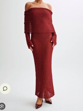 NWT Meshki Plum Marisol Off The Shoulder Boucle Long Sleeve Dress Mesh Sheer